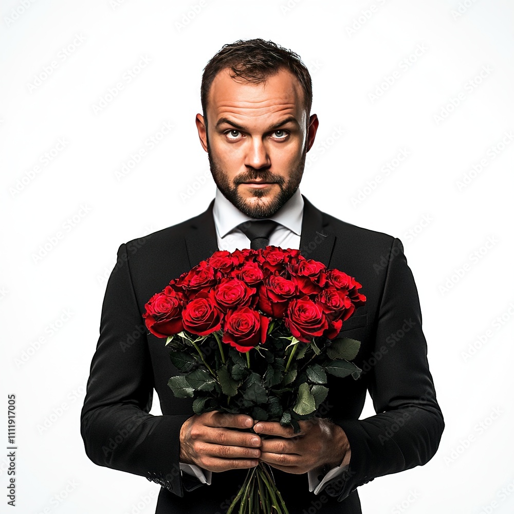 Man in a black suit holding a bouquet of red roses with a serious expression isolated on a white background Man in a black suit holding a bouquet of red roses with a serious expression isolated on a white background