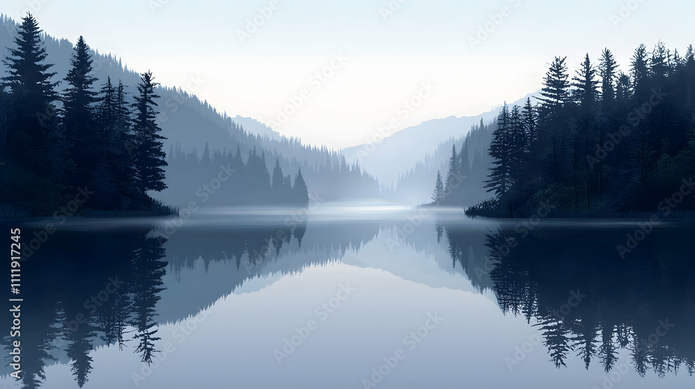 Misty Lake's Tranquil Reflection in Mountains Misty Lake's Tranquil Reflection in Mountains