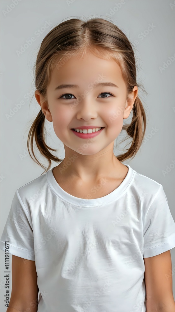Portrait of a beautiful little girl model smiling happily wearing a white t-shirt with a white background Portrait of a beautiful little girl model smiling happily wearing a white t-shirt with a white background