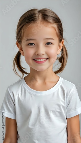 Portrait of a beautiful little girl model smiling happily wearing a white t-shirt with a white background 