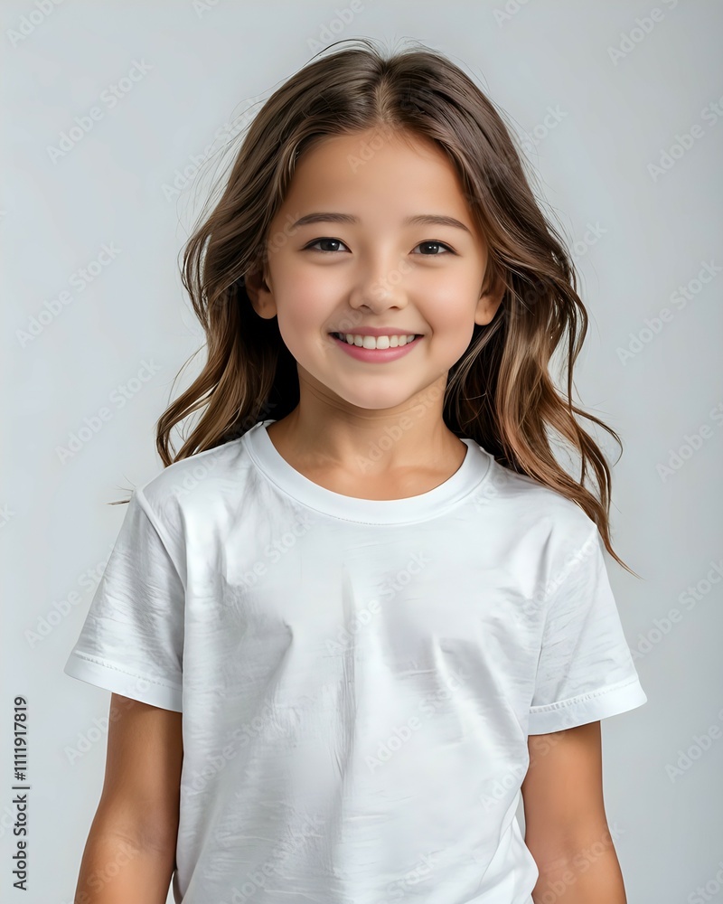 Portrait of a beautiful little girl model smiling happily wearing a white t-shirt with a white background Portrait of a beautiful little girl model smiling happily wearing a white t-shirt with a white background