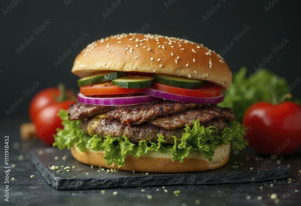 Layered burger with sesame seed bun, cheese, lettuce, tomato, onion, and cucumber on dark plate Layered burger with sesame seed bun, cheese, lettuce, tomato, onion, and cucumber on dark plate