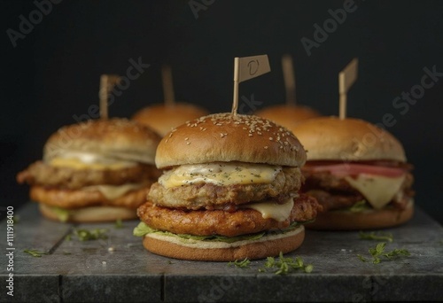 Five gourmet burgers with cheese, chicken, lettuce, and tomato on skewers against dark background photo