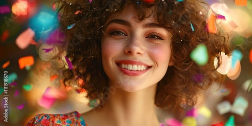 Woman with curly hair is smiling and surrounded by colorful confetti