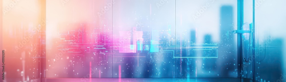 A cyberpunk shower stall with augmented reality projections of urban landscapes, vibrant neon highlights, and fogged glass details, Neon, Digital Render A cyberpunk shower stall with augmented reality projections of urban landscapes, vibrant neon highlights, and fogged glass details, Neon, Digital Render