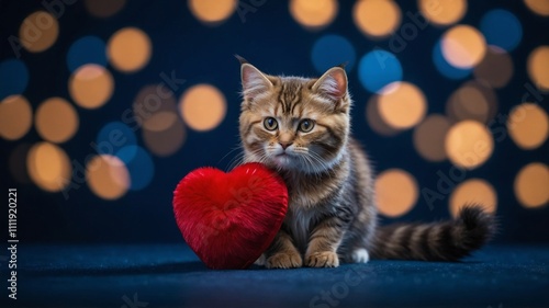Adorable tabby kitten holding a red heart on a glittery surface with a bokeh background, symbolizing love and affection. Valentines day