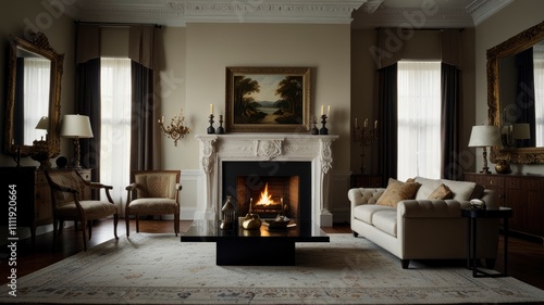 a living room with a couch, chair and fire place in the center of the room there is a rug on the floor 