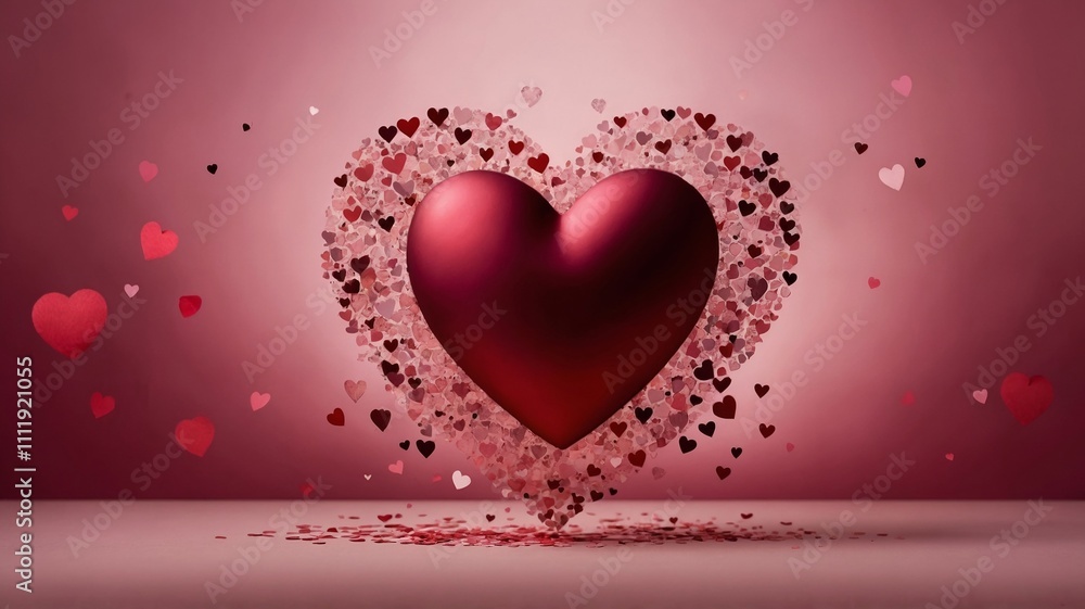 Glittery heart ornament hanging by a ribbon, surrounded by soft bokeh hearts on a pink background. Concept of love and romance. Valentines day background Glittery heart ornament hanging by a ribbon, surrounded by soft bokeh hearts on a pink background. Concept of love and romance. Valentines day background