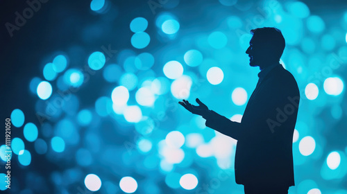 Businessman delivers transformative speech at futuristic conference under blue and white lights