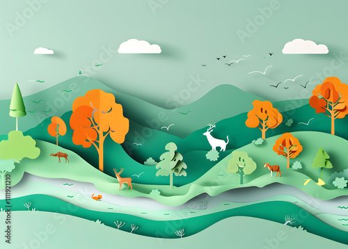 Charming paper art depicting a serene nature scene. photo