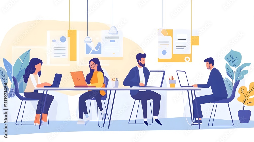 Business owner and team working in a creative studio. Business owner and team working in a creative studio.