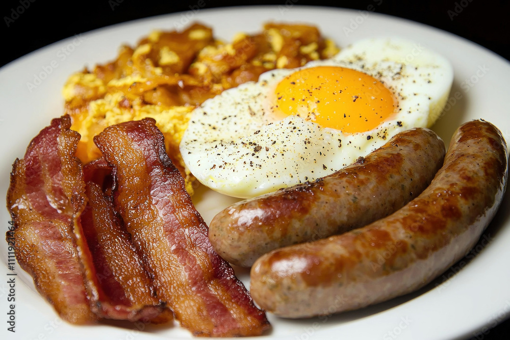 Plate of breakfast with fried egg, bacon, sausage, and hash browns. Plate of breakfast with fried egg, bacon, sausage, and hash browns.