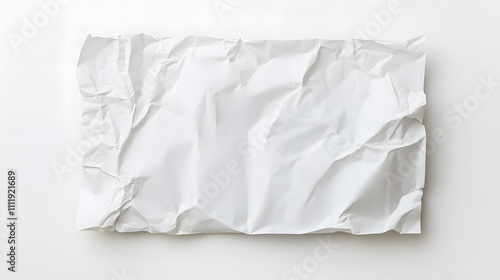 Crumpled piece of white paper on white background. Top view