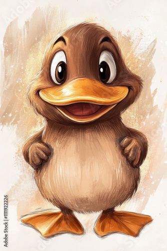 A cute duckling platypus with big expressive eyes and soft feathers on a textured beige background, perfect for nursery decor, kids posters, or wildlife-inspired art.. photo