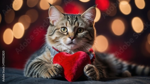 Adorable tabby kitten holding a red heart on a glittery surface with a bokeh background, symbolizing love and affection. Valentines day