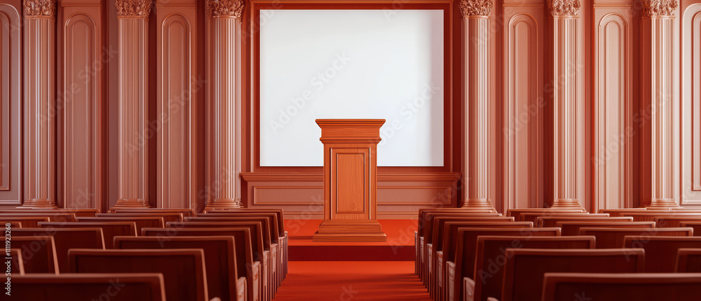 wooden podium with classic design stands in grand hall, surrounded by elegant seating. warm tones create welcoming atmosphere for presentations wooden podium with classic design stands in grand hall, surrounded by elegant seating. warm tones create welcoming atmosphere for presentations