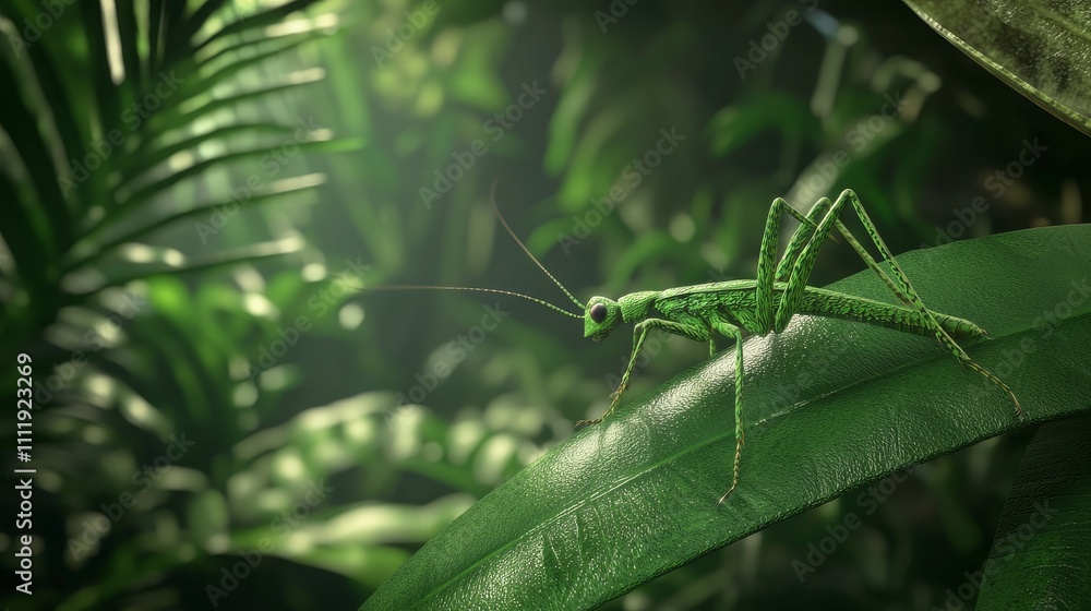 Detailed Close-Up of Bright Green Insect on Leaf Surrounded by Lush Tropical Foliage in Sunlit Environment Detailed Close-Up of Bright Green Insect on Leaf Surrounded by Lush Tropical Foliage in Sunlit Environment
