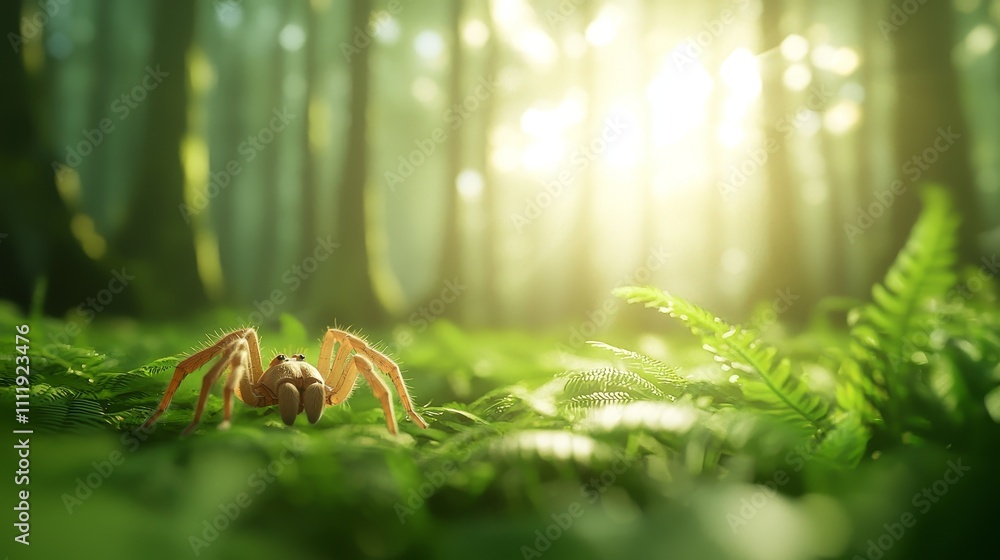 Obraz premium Realistic Spider Crawling on Lush Green Ferns in a Sunlit Forest Environment with Soft Background Lighting Effects