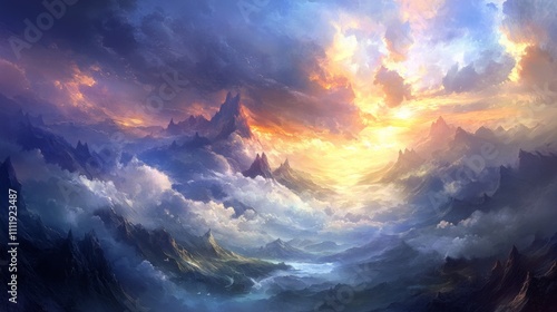 Serene Sunset Over Majestic Mountains and Dreamy Cloudscape