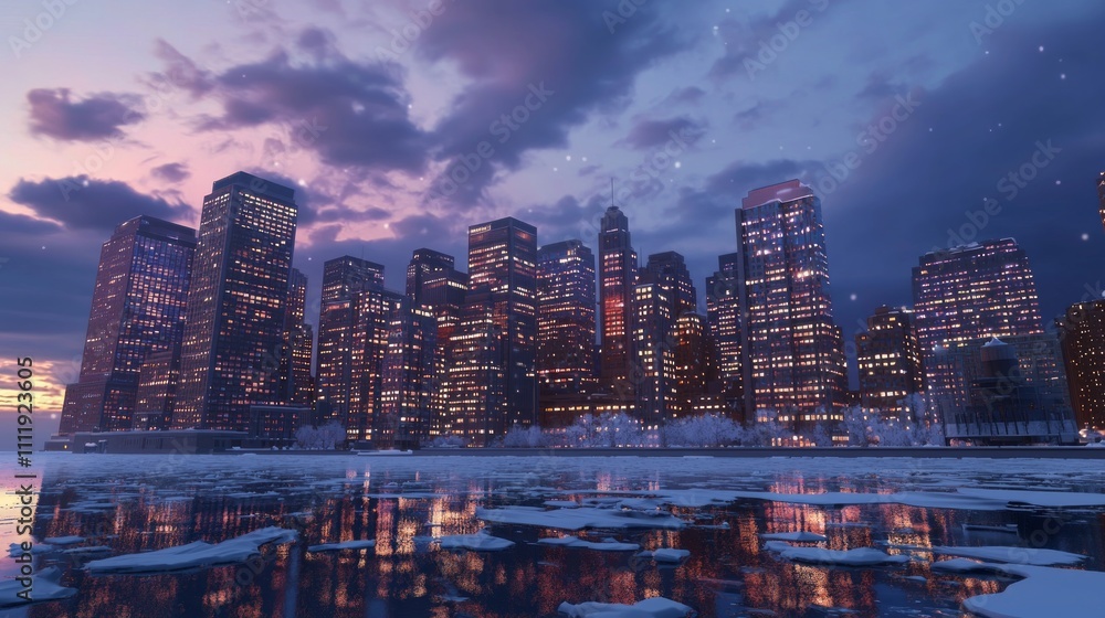Glowing Winter Cityscape with Snow-Topped Skyscrapers and Icy River Reflections - Ultra-Detailed Urban Scene at Night Glowing Winter Cityscape with Snow-Topped Skyscrapers and Icy River Reflections - Ultra-Detailed Urban Scene at Night