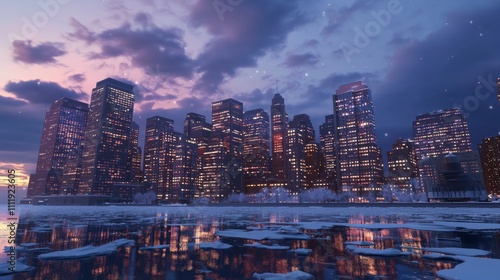 Glowing Winter Cityscape with Snow-Topped Skyscrapers and Icy River Reflections - Ultra-Detailed Urban Scene at Night