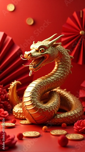 Wallpaper Mural Chinese New Year 2025, a golden snake sculpture is surrounded by red fans and coins, reflecting celebration and tradition with oriental design elements in a festive color scheme. Torontodigital.ca