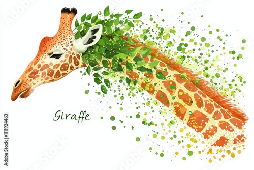 A giraffes head is depicted with lush green leaves and abstract shapes, showcasing an artistic blend of colors and textures to highlight the beauty of wildlife. photo