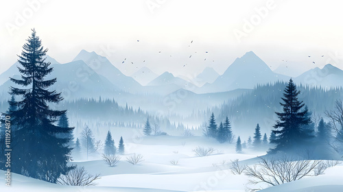 Winter Wonderland: Snowy Mountains, Trees, Serene Landscape