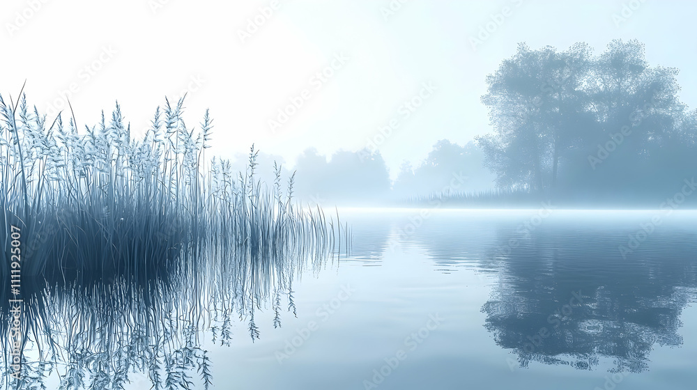 Misty Lake Reflections: Serene Waters, Tranquil Scene Misty Lake Reflections: Serene Waters, Tranquil Scene