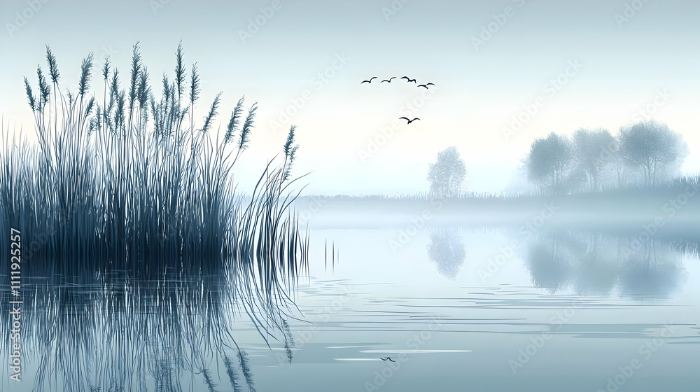Serene Lake: Reeds Reflect, Birds Fly, Mist Hangs Serene Lake: Reeds Reflect, Birds Fly, Mist Hangs