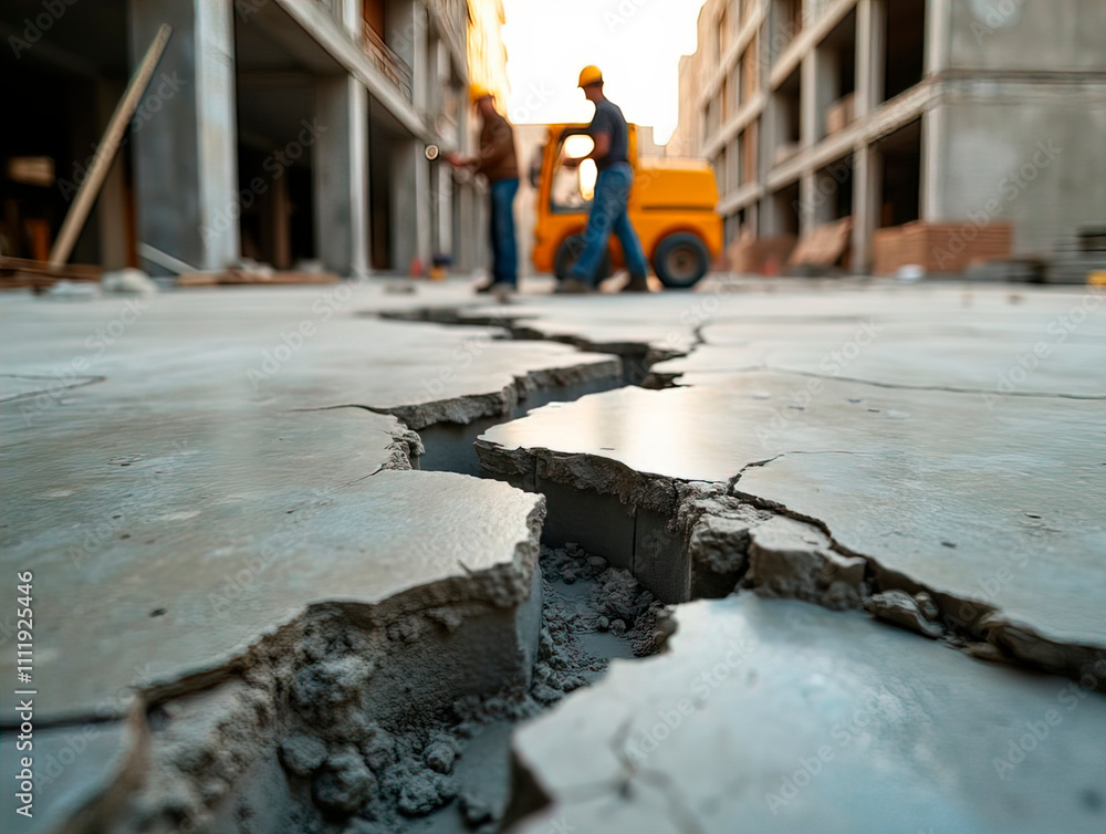 Close-up of a large crack in a concrete floor at a construction site, with workers and equipment in the background. Symbolic of structural challenges and repair Close-up of a large crack in a concrete floor at a construction site, with workers and equipment in the background. Symbolic of structural challenges and repair