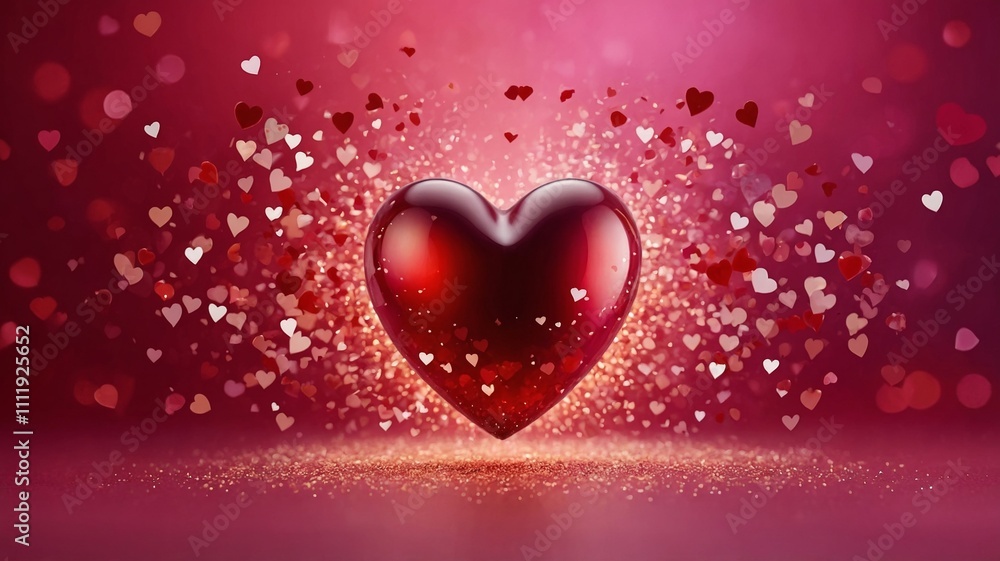 Glittery heart ornament hanging by a ribbon, surrounded by soft bokeh hearts on a pink background. Concept of love and romance. Valentines day background Glittery heart ornament hanging by a ribbon, surrounded by soft bokeh hearts on a pink background. Concept of love and romance. Valentines day background