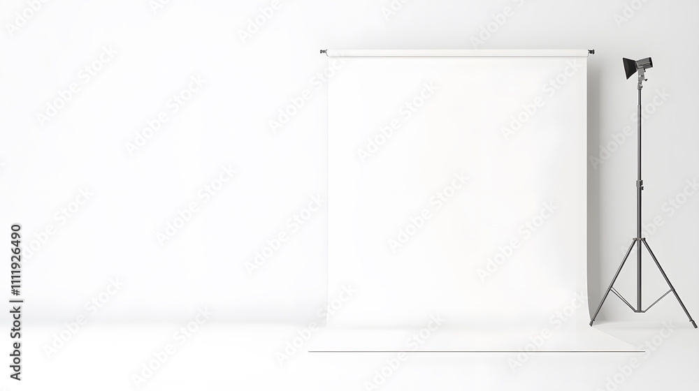 Empty studio with a smooth white cyclorama wall, equipped with different soft boxes, isolated on white background mock up Empty studio with a smooth white cyclorama wall, equipped with different soft boxes, isolated on white background mock up