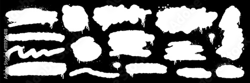 Set of white graffiti paint spray frames with splatters texture. Texting boxes box with spray effect. Vector urban style template collection.