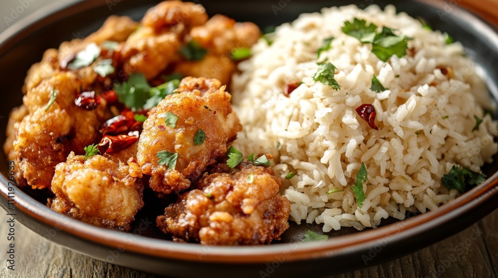Crispy Chicken With Flavorful White Rice and Fresh Garnish Crispy Chicken With Flavorful White Rice and Fresh Garnish