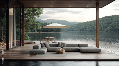 A 3D illustration of a luxury summer house  featuring a spacious dining and living room area with breathtaking lake views.