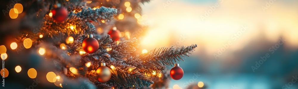 Christmas tree with ornaments hanging from it, space for text Christmas tree with ornaments hanging from it, space for text