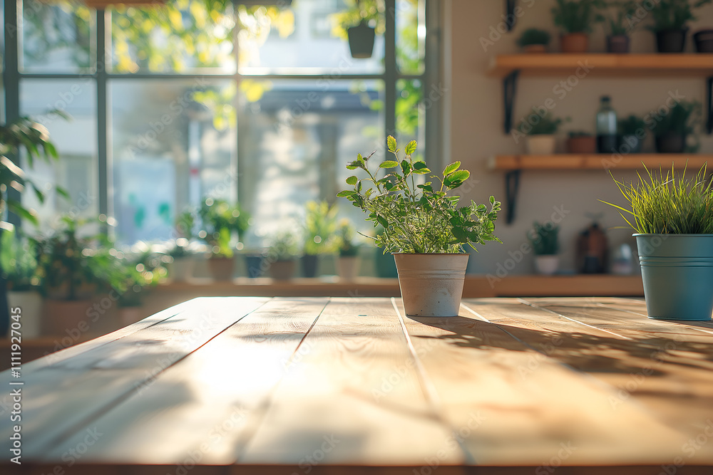 Fototapeta premium Montage product display wood table top on blur living room background.
