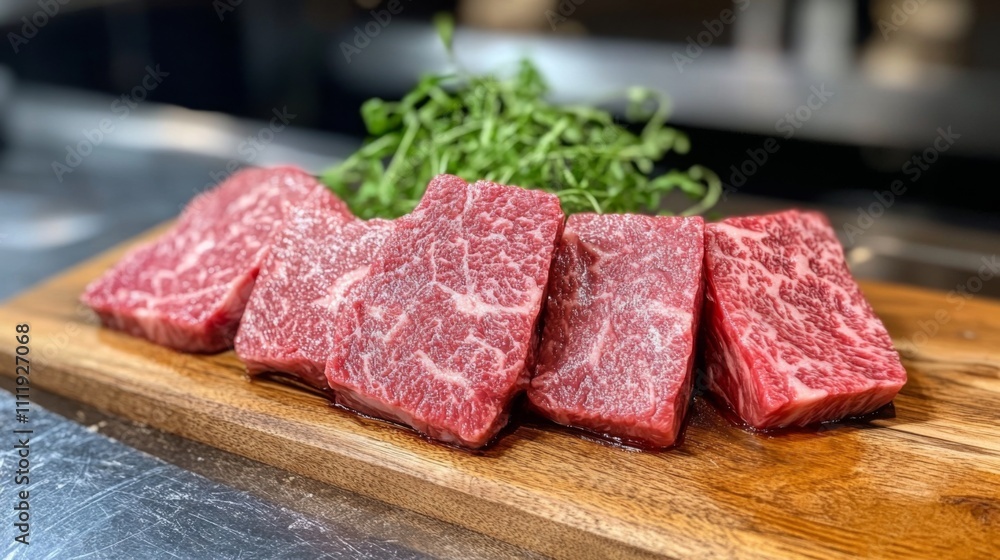 Fresh High-Quality Beef Cuts on Wooden Board in Culinary Setting Fresh High-Quality Beef Cuts on Wooden Board in Culinary Setting