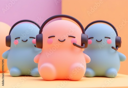 Online global technical support 24 7. 3D Smiling office operators with headsets character. Customer service, call center, hotline, customer support department staff. 3d vector people character