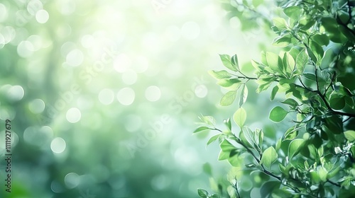 Vibrant green leaves basking in soft sunlight, creating a serene and tranquil atmosphere.