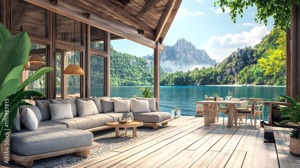 A 3D illustration of a luxury summer house, featuring a spacious dining and living room area with breathtaking lake views. A 3D illustration of a luxury summer house, featuring a spacious dining and living room area with breathtaking lake views.
