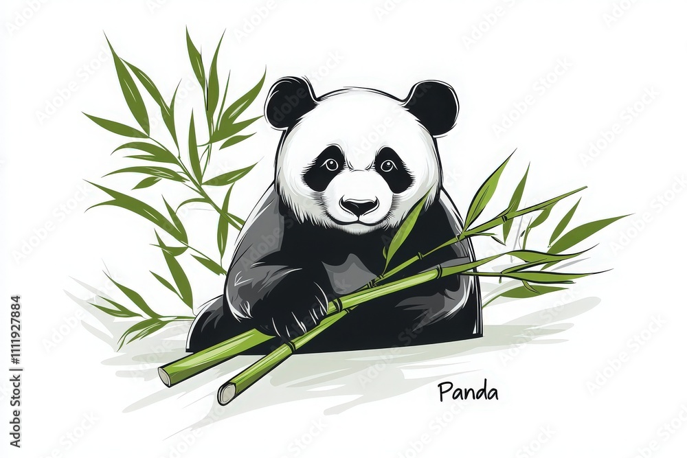 A panda sits contentedly while holding bamboo sticks, surrounded by vibrant green leaves. This reflects the animals natural habitat and diet. The calm setting enhances the charm of the scene. A panda sits contentedly while holding bamboo sticks, surrounded by vibrant green leaves. This reflects the animals natural habitat and diet. The calm setting enhances the charm of the scene.