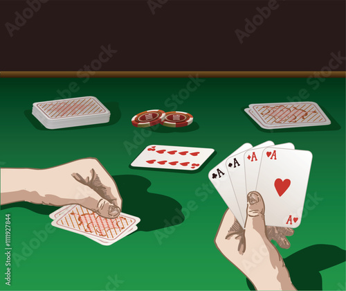 two people hands playing poker on casino green felt table game illustration