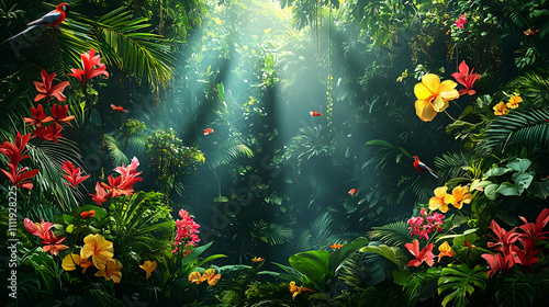 Lush Jungle: Vibrant Flowers, Birds, Plants