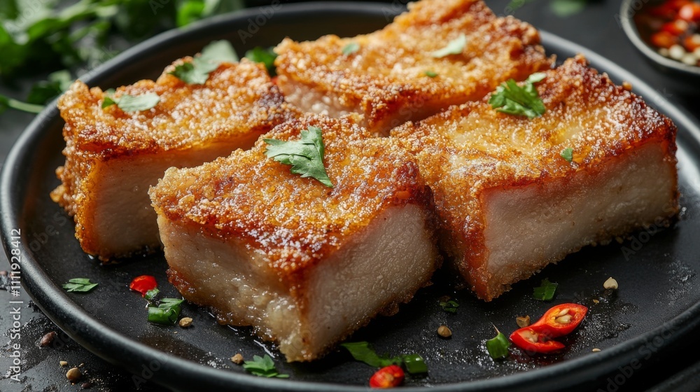 Crispy Fried Dish with Garnish and Colorful Spices on Plate Crispy Fried Dish with Garnish and Colorful Spices on Plate