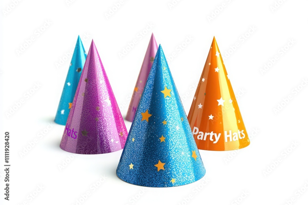 Brightly colored party hats in various hues stand upright on a white background, creating a cheerful vibe for a festive celebration or event. Perfect for birthdays or gatherings. Brightly colored party hats in various hues stand upright on a white background, creating a cheerful vibe for a festive celebration or event. Perfect for birthdays or gatherings.