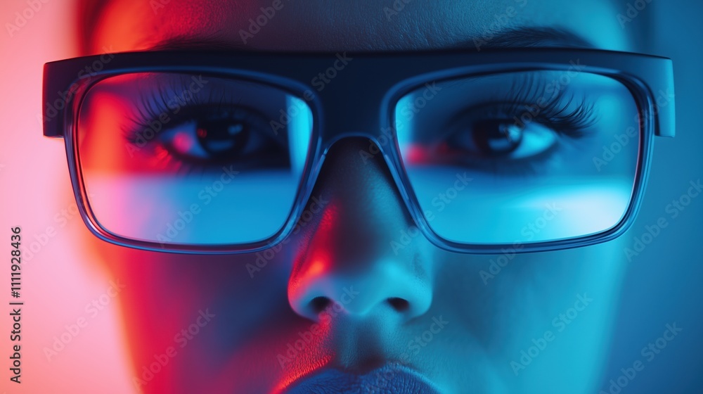 Person wearing AR glasses with digital overlays reflecting on the lenses, merging real and virtual worlds Person wearing AR glasses with digital overlays reflecting on the lenses, merging real and virtual worlds
