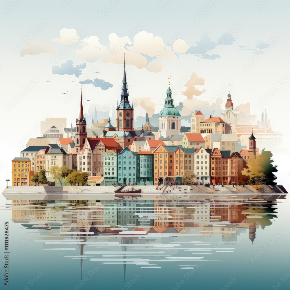 Fototapeta premium Minimalistic Illustration of Riga City with Landmark Details