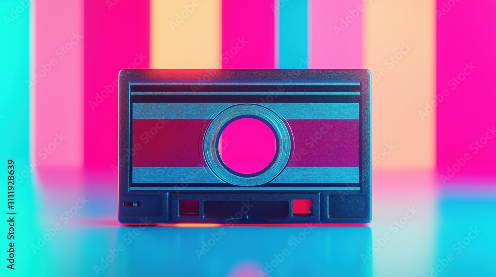 Fototapeta premium Vintage cassette tape with 90s aesthetics, set against a colorful, retro-patterned background